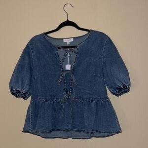 Gilli Blue Denim Lace-Up Peplum Tunic